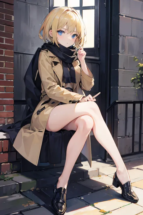 Masterpiece, 1 girl, solo, short blond hair, trench coat, scarf, sitting crossed legged, chillerism