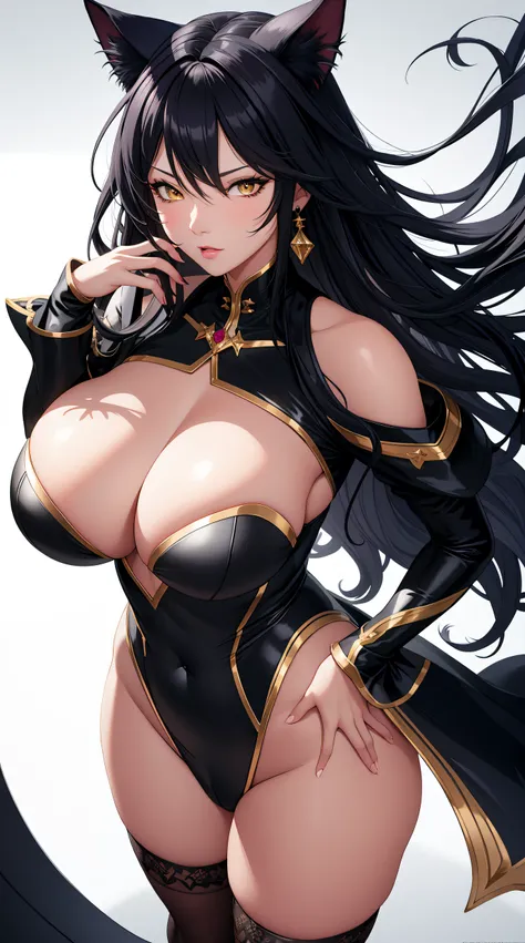 (best quality:1.5, highres, UHD, 4K, detailed lighting, shaders), black wavy hair, gradient hair, cat ears, large breasts,long coat, big butt, big thighs, mature woman , (pov), white background, colorful eyeshadow, dramatic lighting, sparkling eyes, sensua...