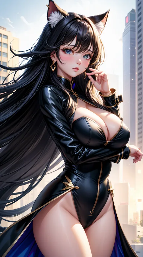 (best quality:1.5, highres, UHD, 4K, detailed lighting, shaders), black wavy hair, gradient hair, cat ears, large breasts,long coat, big butt, big thighs, mature woman , (pov), white background, colorful eyeshadow, dramatic lighting, sparkling eyes, sensua...