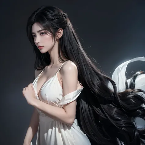 (Top image quality、top-quality、Top resolution、hyper realistic photography、Full body photo、​masterpiece、16ｋ、）1girl in、Surprisingly long black hair is super beautiful、hair length about 3 meters、White underwear or naked、Hide the whole body with straight black...