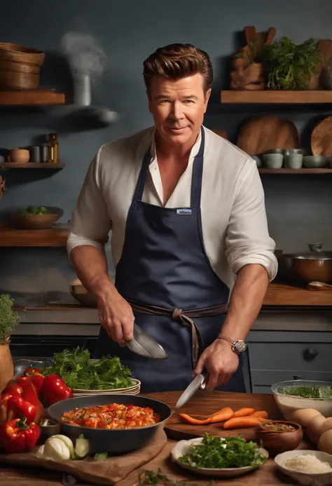 A photo of the character attending a cooking class and preparing a delicious meal,original,he is rick astley