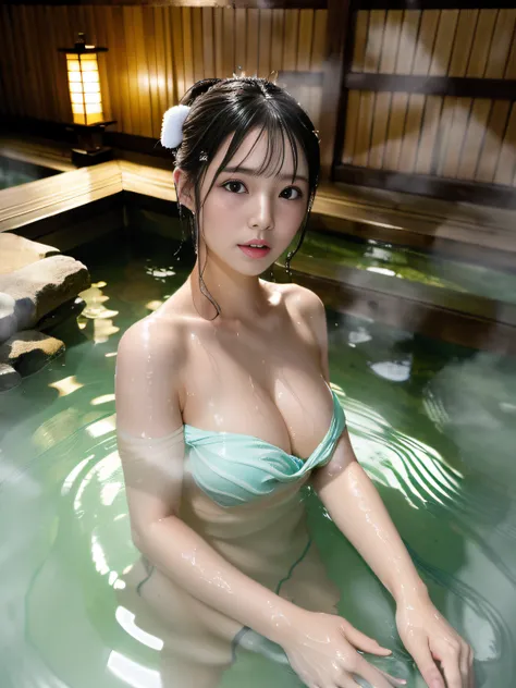 (masterpiece), (best quality:1.4), absurdres, [:intricate details:0.2], 1girl, (naked towel), (geyser, onsen:1.2), moist skin, (fog:1.2), mist, shiny skin, glossy skin, (partially submerged in the onsen:1.2), (wet hair:1.2), mist, wet, moisture,