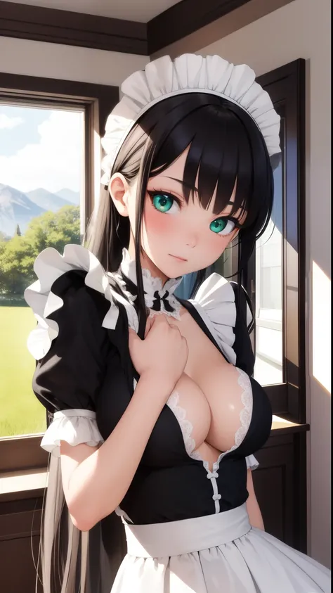 (top-quality)、(detaileds)、(1 girl in)、Colossal tits、livingroom、looking at viewert、Beautiful green eyes、A dark-haired、detaileds、maid clothes、black and white maid uniform、Highly exposed、Bend over in a deep valley、embarrassed from