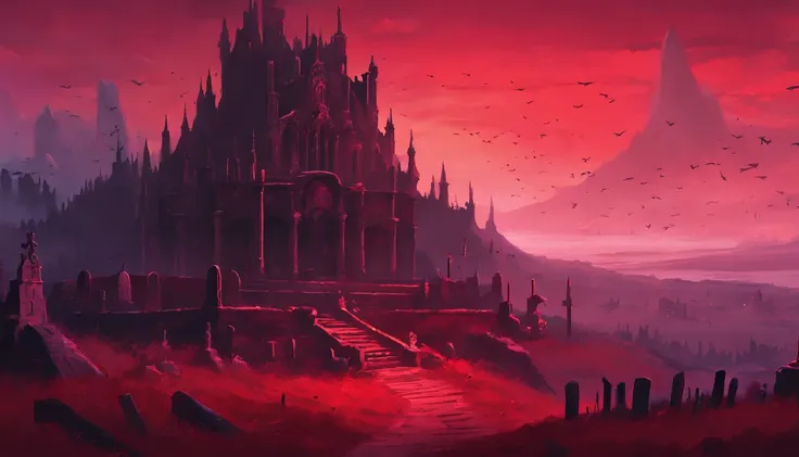 hill overlooking dusk red sky and massive graveyard with many tombstones and crosses in a medieval fantasy world