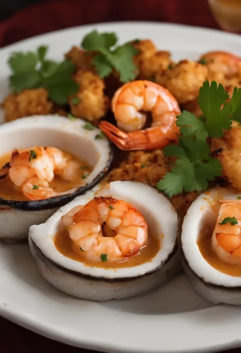 A close-up shot of a plate of sizzling hot Cajun shrimp,original,He is a white man. He has platinum blonde short hair that he wears spiked up. He also keeps a dark goatee. He is chubby. He often wears accessories like spiked punk bracelets and black Oakley...