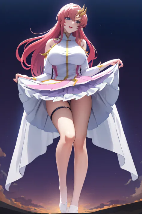 masterpiece, best quality, highres, anime, lacus1, 1girl, solo, lacus1, 1girl, solo, pink hair, straight hair, hair ornament, white detached sleeves, blue eyes, white dress, purple skirt, long skirt, very long hair, bare shoulders, large breasts, (skirt li...