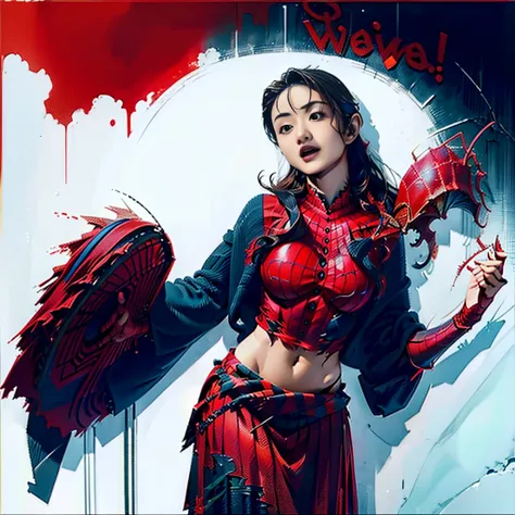 Sticking out the navel、newyork、She wears a torn Spider-Man suit,wearing skirt、 Red and black color scheme,Dynamic、​masterpiece、top-quality、ultra-detailliert、ighly detailed、beautiful detailed brilliance、超A high resolution