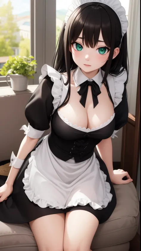 (top-quality)、(detaileds)、(1 girl in)、Colossal tits、livingroom、looking at viewert、Beautiful green eyes、A dark-haired、detaileds、maid clothes、black and white maid uniform、Highly exposed、Bend over in a deep valley、embarrassed from