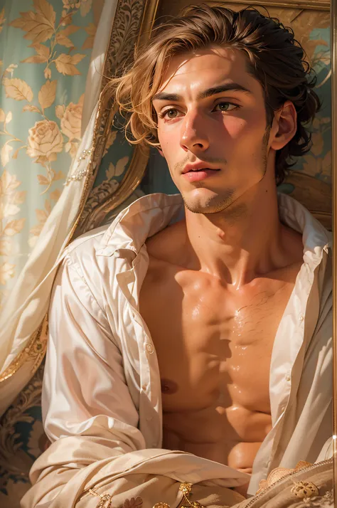 sporty, A handsome 15th century count awaits in the bedroom with a romantic atmosphere, exposed, groin covered with silk sheet, enticing, erotic, wants sex