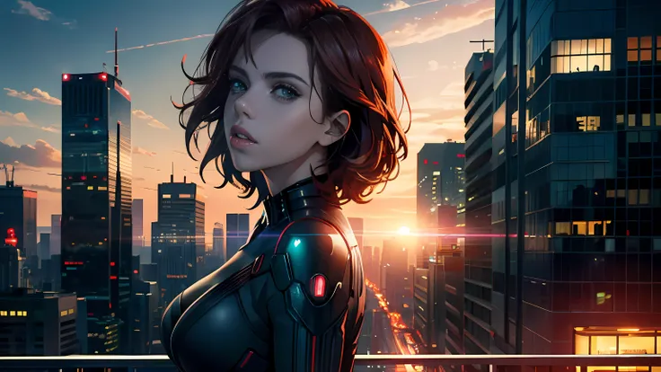 Outdoor, city skyline, sunset, Cyberpunk Scarlett Johansson Black Widow. Perfect pale green eyes, looking at viewer. Best quality, sunlight, backlit, flare.