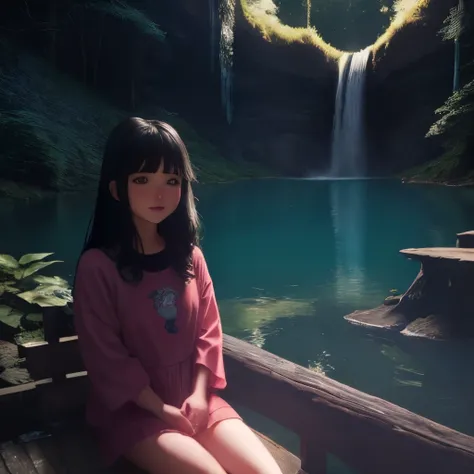 Black haired caucasian Babe, sitting with a big cute axolotl creature, in a private lake with a waterfall, surrounded by the forest, bright and sunny, colorful