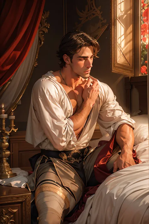 sporty, A handsome 15th century count awaits in the bedroom with a romantic atmosphere, exposed, groin covered with silk sheet, enticing, Erotic, wants sex, Jofre de Beirak