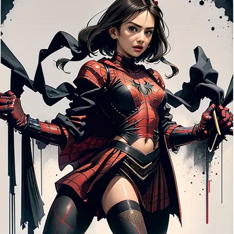 Sticking out the navel、newyork、She wears a torn Spider-Man suit,wearing skirt、 Red and black color scheme,Dynamic、​masterpiece、top-quality、ultra-detailliert、ighly detailed、beautiful detailed brilliance、超A high resolution