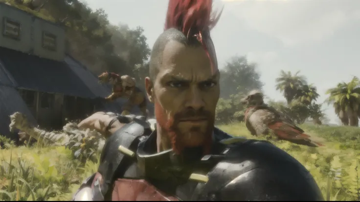 a close up of a man with a mohawk and a red mohawk, fighting game character, skinny grunt face, hairstyle red detailed, detailed punk hair, new character, digital art, artgerm, 4k, extremely detailed and intrincated, comic, marvel style.