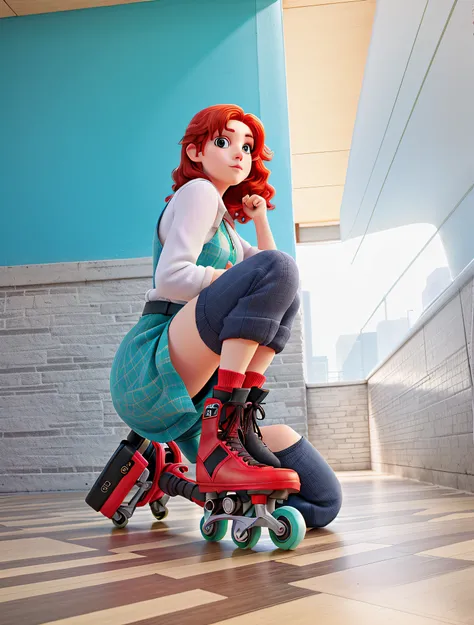 A crouching woman with red hair on roller skates