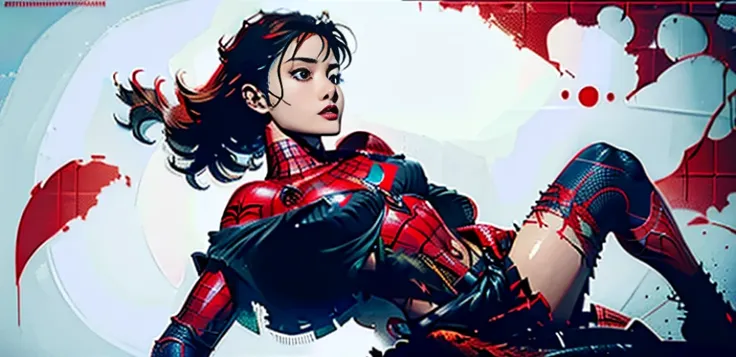 Sticking out the navel、newyork、She wears a torn Spider-Man suit,wearing skirt、 Red and black color scheme,Dynamic、​masterpiece、top-quality、ultra-detailliert、ighly detailed、beautiful detailed brilliance、超A high resolution