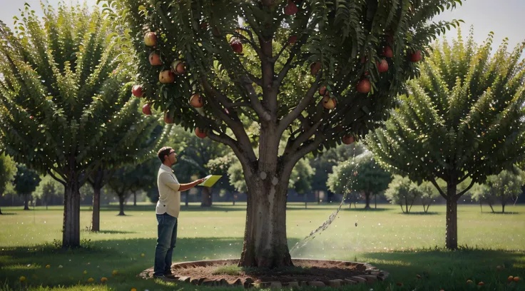 A tree being watered by a person. The tree has seeds instead of fruit. No alto, a visualization of what these seeds will become: a leafy tree full of ripe, bright apples. Allegorical art style