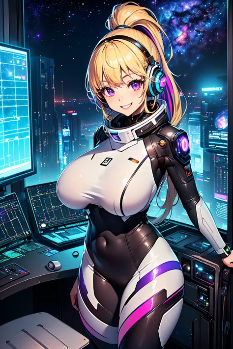 ​masterpiece:1.4, 1girl in ((20yr old, Dressed in a tight futuristic bodysuit in black and silver, long boots, huge-breasted, Multicolored blonde hair, twin ponytail, Perfect model body, Purple eyes:1.4, Wearing headphones, Flirting, Happy, Big smile, Look...