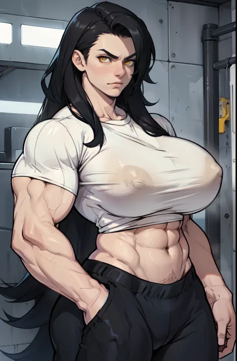 ((1 girl)), extremely long hair, solo, ((muscular)), veins, black hair, yellow eyes, pale skin, strong, veins, abs, (huge breasts), sulking tight shirt