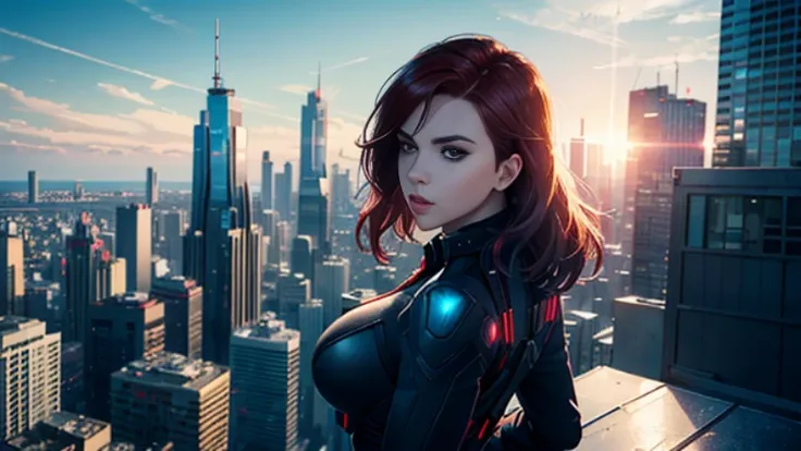 Outdoor, top of a building, background  city skyline, daytime, blue sky. Cyberpunk Scarlett Johansson as Black Widow. Best quality, sunlight, backlit, flare. Happy, satisfied look.