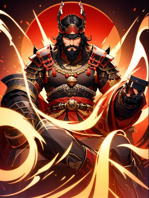 A chinese male warrior, based on Gengis khan, black haird, black facial hair, beard cut a bit like a rectangle, eyes are narrow, wide shoulders, big hands,  big arms, big foearms, wearing chinese armor (coloured red and silver), armor has a little chinese ...