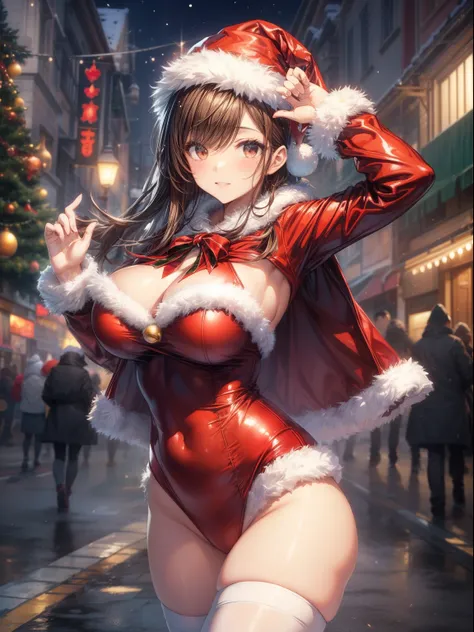 top-quality、Full limbs、complete fingers、Slender beauty、straight haired、Brown hair、short-hair、Beautiful Large Breasts、(Detailed ultra-oily shiny skin:1.1)、oily shiny thighhigh、Santa Claus Costume、cloth costume、red santa claus leotard、White High Socks、Wearin...