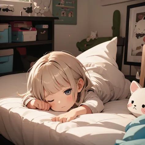 ​masterpiece,Chibi,Cute、Little girl relaxing in bed、relaxed expression、catss