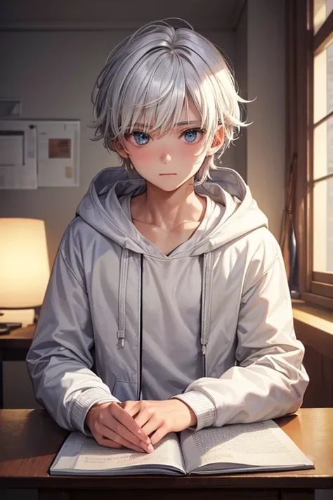 (a beautiful, detailed 10-year-old boy with white hair and a white hoodie jacket), (educational scene), (best quality:1.2), (vivid colors), (soft lighting)