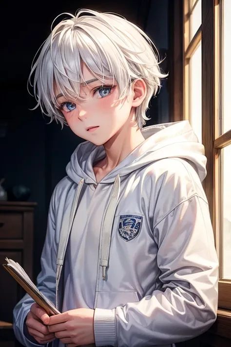 (a beautiful, detailed 10-year-old boy with white hair and a white hoodie jacket), (educational scene), (best quality:1.2), (vivid colors), (soft lighting)