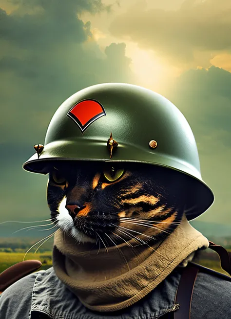 Cat in WW2 custom and helmet with war background