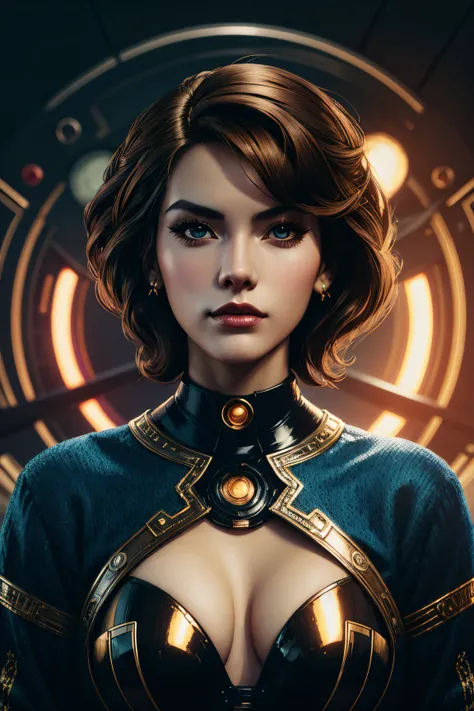 Alina Lopez, retro-futurism, atom-punk sexy clothes , character portrait, 4 9 9 0 s, short hair, intricate, elegant, highly detailed, digital painting, artstation, concept art, smooth, sharp focus, illustration, art by wlop, charlie bowater and alexandra f...