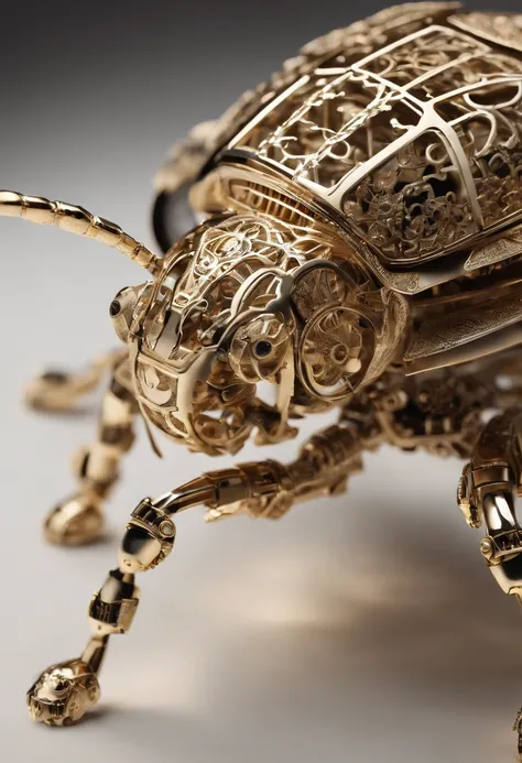 Visualize a mesmerizing and highly detailed mechanical bug, a masterpiece of intricate design. Zoom in on micro-details, capturing the precision of each gear, the delicacy of articulated limbs, and the complexity of its internal machinery.

Highlight the e...