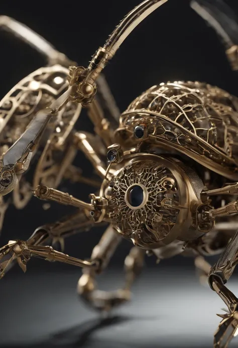 Visualize a mesmerizing and highly detailed mechanical bug, a masterpiece of intricate design. Zoom in on micro-details, capturing the precision of each gear, the delicacy of articulated limbs, and the complexity of its internal machinery.

Highlight the e...