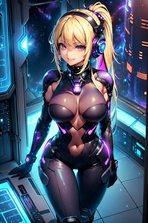 ​masterpiece:1.4, 1girl in ((20yr old, Dressed in a tight futuristic bodysuit in black and silver, long boots, huge-breasted, Multicolored blonde hair, twin ponytail, Perfect model body, Purple eyes:1.4, Wearing headphones, Flirting, Happy, Big smile, Look...