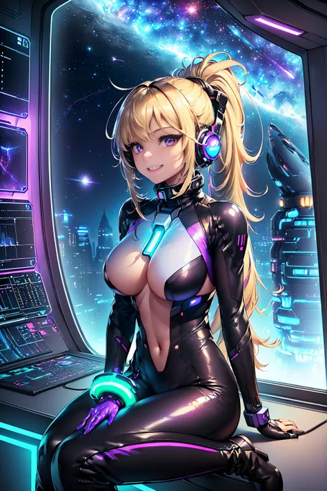 ​masterpiece:1.4, 1girl in ((20yr old, Dressed in a tight futuristic bodysuit in black and silver, long boots, huge-breasted, Multicolored blonde hair, twin ponytail, Perfect model body, Purple eyes:1.4, Wearing headphones, Flirting, Happy, Big smile, Look...