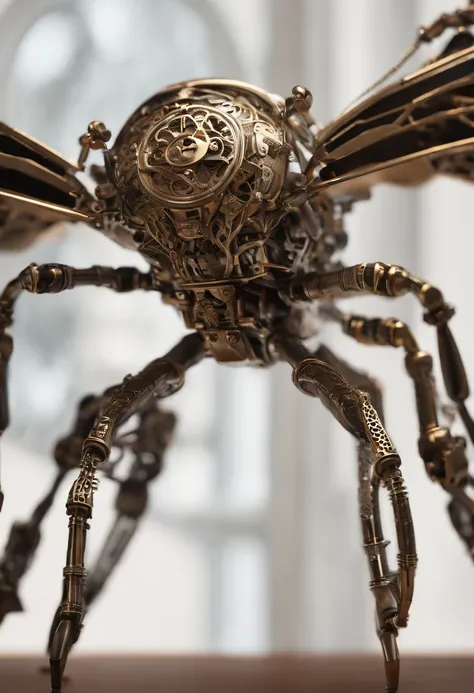 Visualize a mesmerizing and highly detailed mechanical bug, a masterpiece of intricate design. Zoom in on micro-details, capturing the precision of each gear, the delicacy of articulated limbs, and the complexity of its internal machinery.

Highlight the e...