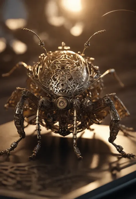 Visualize a mesmerizing and highly detailed mechanical bug, a masterpiece of intricate design. Zoom in on micro-details, capturing the precision of each gear, the delicacy of articulated limbs, and the complexity of its internal machinery.

Highlight the e...