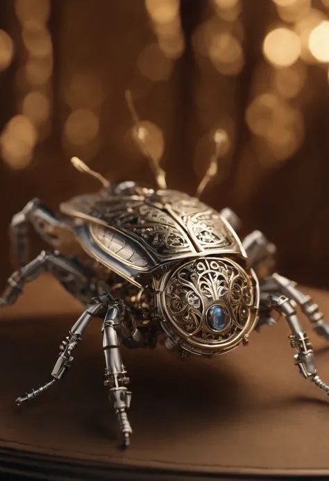 Visualize a mesmerizing and highly detailed mechanical bug, a masterpiece of intricate design. Zoom in on micro-details, capturing the precision of each gear, the delicacy of articulated limbs, and the complexity of its internal machinery.

Highlight the e...