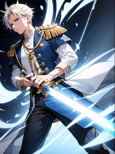 A young man, blonde spiky hair, hair is medium length, white skin, blue eyes, a white shirt, a big captains coat over the shirt which is coloured black and some blue lines, the captains coat does not have medals, background is a town with other people, a h...