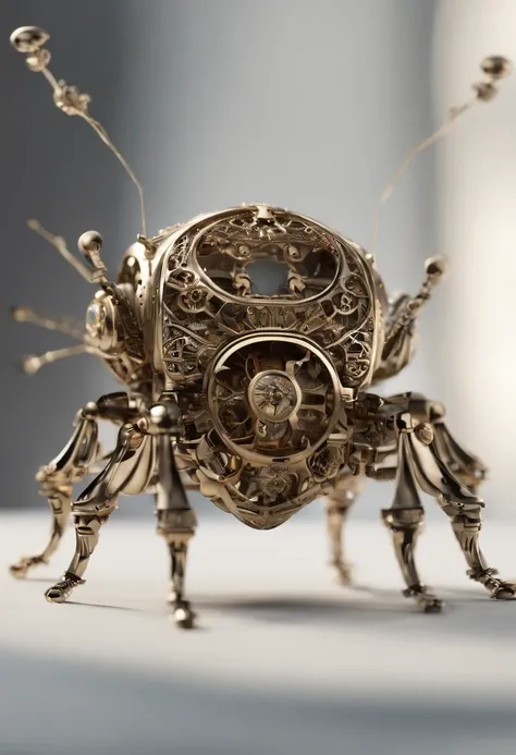 Visualize a mesmerizing and highly detailed mechanical bug, a masterpiece of intricate design. Zoom in on micro-details, capturing the precision of each gear, the delicacy of articulated limbs, and the complexity of its internal machinery.

Highlight the e...