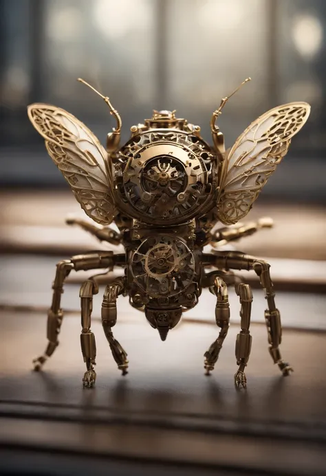 Visualize a mesmerizing and highly detailed mechanical bug, a masterpiece of intricate design. Zoom in on micro-details, capturing the precision of each gear, the delicacy of articulated limbs, and the complexity of its internal machinery.

Highlight the e...