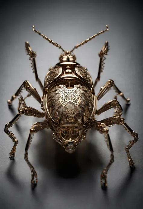 Visualize a mesmerizing and highly detailed mechanical bug, a masterpiece of intricate design. Zoom in on micro-details, capturing the precision of each gear, the delicacy of articulated limbs, and the complexity of its internal machinery.

Highlight the e...