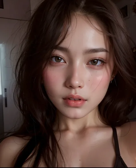 um close up de uma mulher com um peito muito grande, beautiful aesthetic face, rosto extremamente bonito, Realistic. Cheng Yi, pale fair skin!!, pale round face, 🤤 retrato da menina, korean face features, rosto perfeito ), menina bonito-fino-cara, Mulher s...