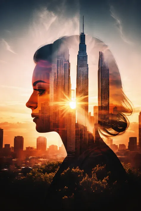 Fill the silhouette of a person with the warm hues of a setting sun, creating a visually striking double exposure that contrasts the dark outline with the vibrant sky.