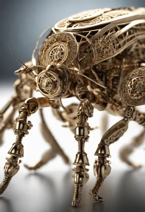 Visualize a mesmerizing and highly detailed mechanical bug, a masterpiece of intricate design. Zoom in on micro-details, capturing the precision of each gear, the delicacy of articulated limbs, and the complexity of its internal machinery.

Highlight the e...