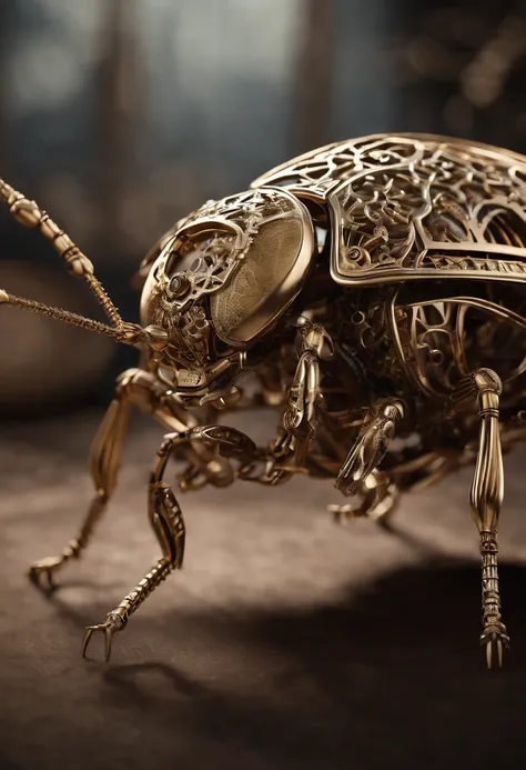 Visualize a mesmerizing and highly detailed mechanical bug, a masterpiece of intricate design. Zoom in on micro-details, capturing the precision of each gear, the delicacy of articulated limbs, and the complexity of its internal machinery.

Highlight the e...