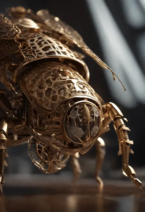 Visualize a mesmerizing and highly detailed mechanical bug, a masterpiece of intricate design. Zoom in on micro-details, capturing the precision of each gear, the delicacy of articulated limbs, and the complexity of its internal machinery.

Highlight the e...