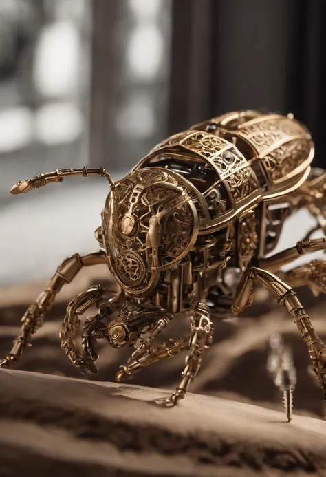 Visualize a mesmerizing and highly detailed mechanical bug, a masterpiece of intricate design. Zoom in on micro-details, capturing the precision of each gear, the delicacy of articulated limbs, and the complexity of its internal machinery.

Highlight the e...