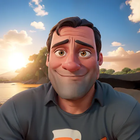 Jon Hamm um homem negro , Cartoons in orange shirt and black pants, arms crossed, olhando para frente e sorrindo com os dentes aparecendo;