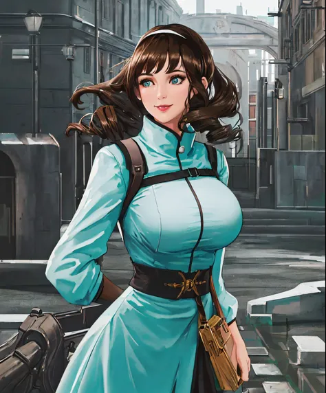 ((Best quality, 8k, Masterpiece :1.3)), pretty woman, 1girl, big breasts:1.3, slim body:1.1, solid dark brown hair, super fine face, fine lips, eyes looking at the audience, fine eyes, double eyelids, bedroom background, drill hair, black hairband, aqua ey...